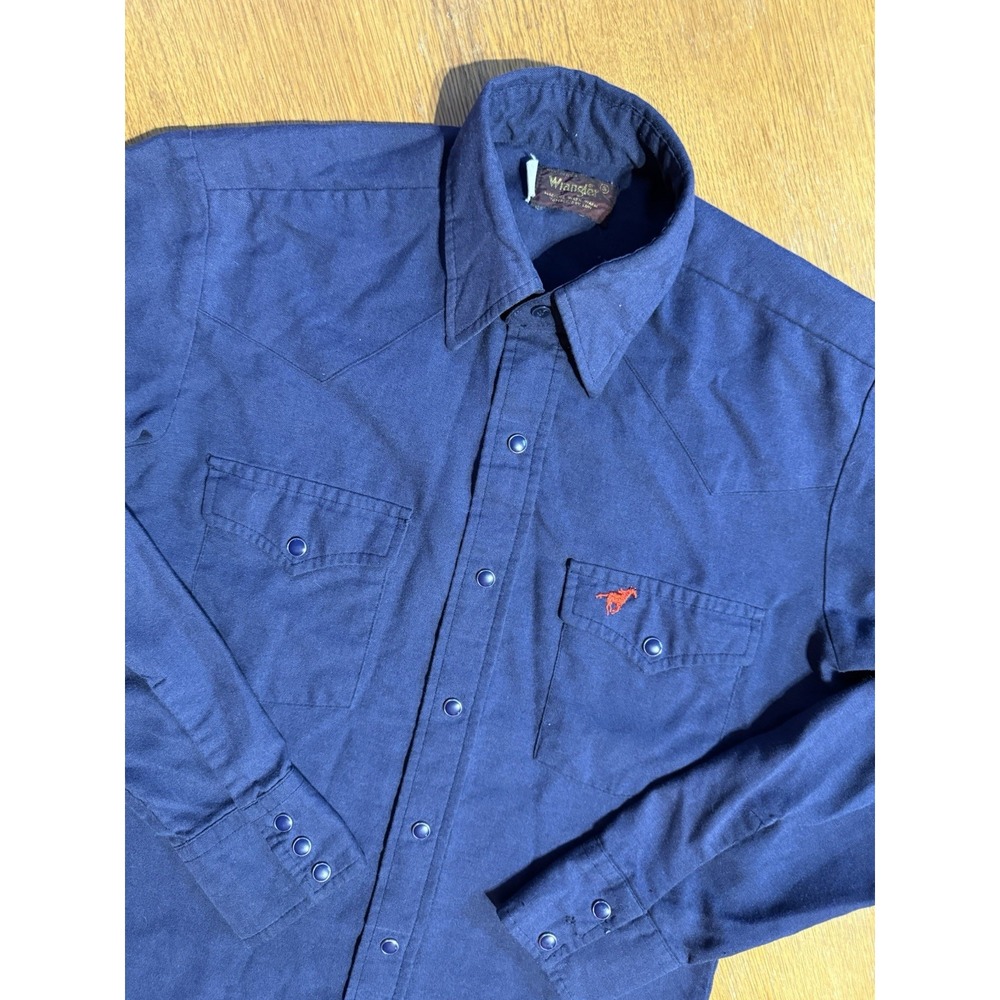 Vintage Wrangler Pearl Snap Western Shirt USA Made Blue Red Horse‎ Men's S